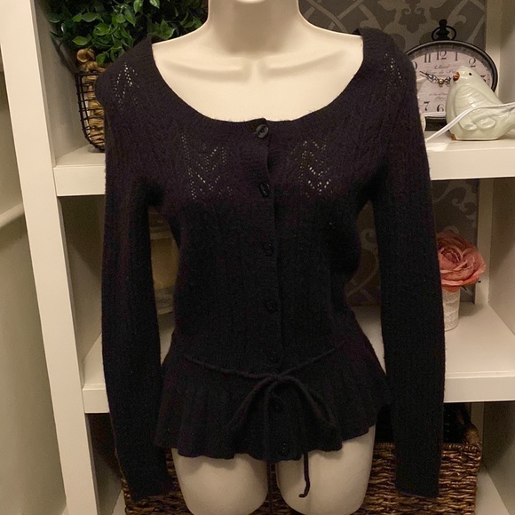 LOFT Sweaters - Black Loft Wool/Fur/Cashmere Peplum Cable Knit Cardigan - M